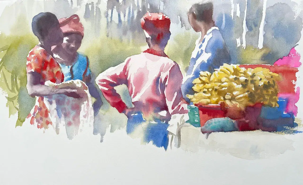 Watercolour painting of a group of women in Rwanda.